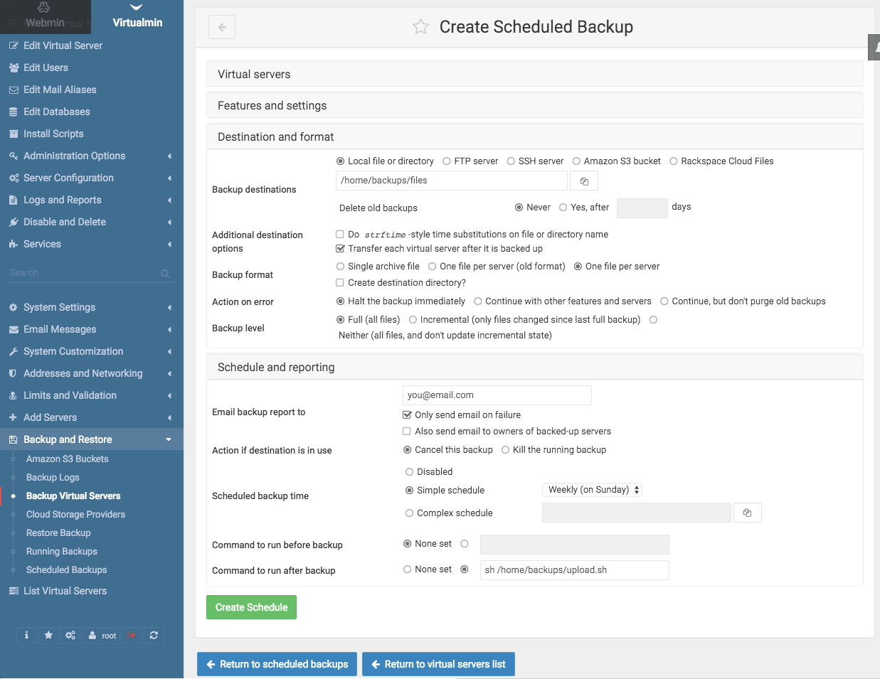 virtualmin scheduled backup